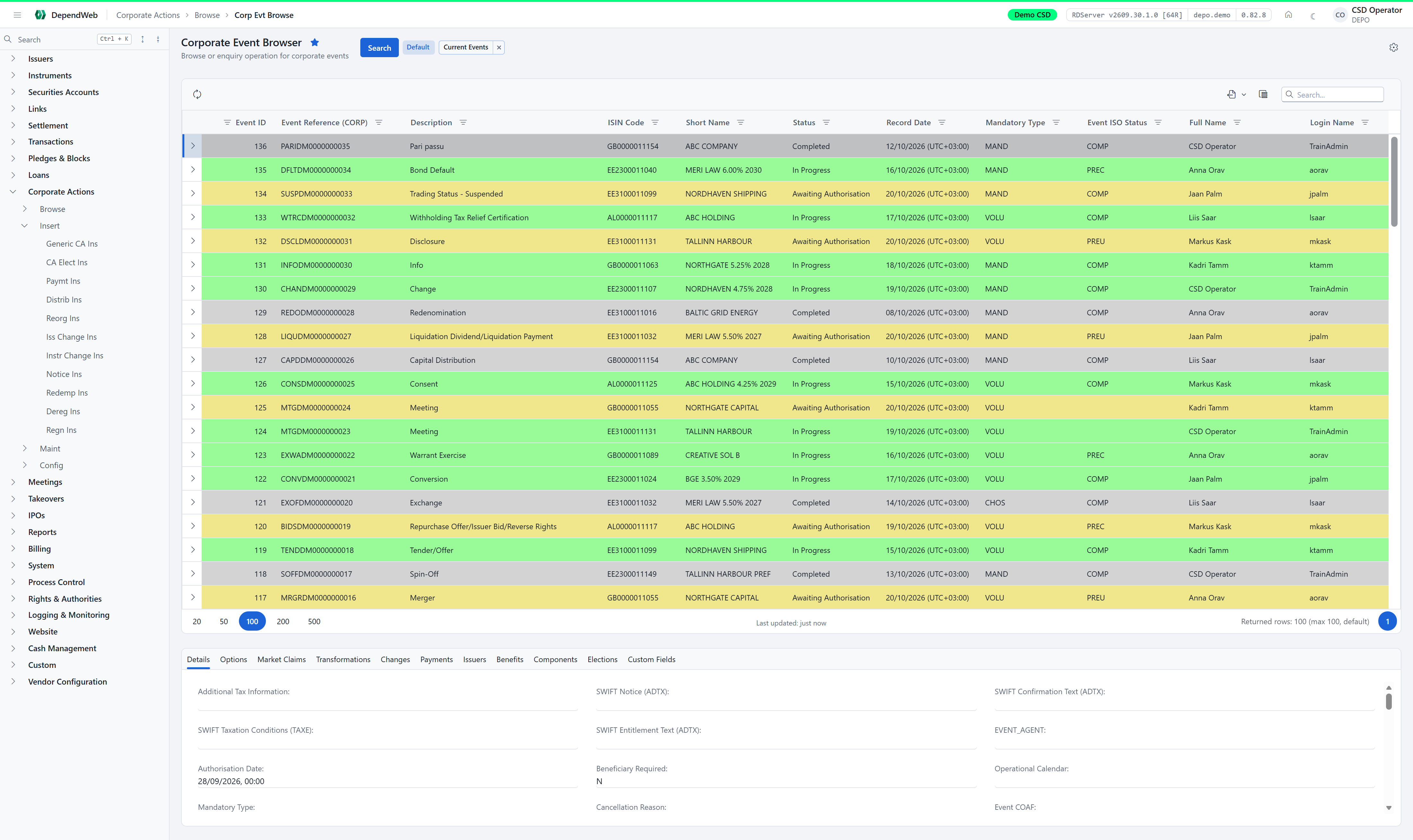 DEPEND in a browser: the corporate event browser lists corporate actions with reference, type, ISIN, status and record date, each row coloured by its processing state; the selected event’s detail tabs sit below, and the menu on the left is open at Corporate Actions.
